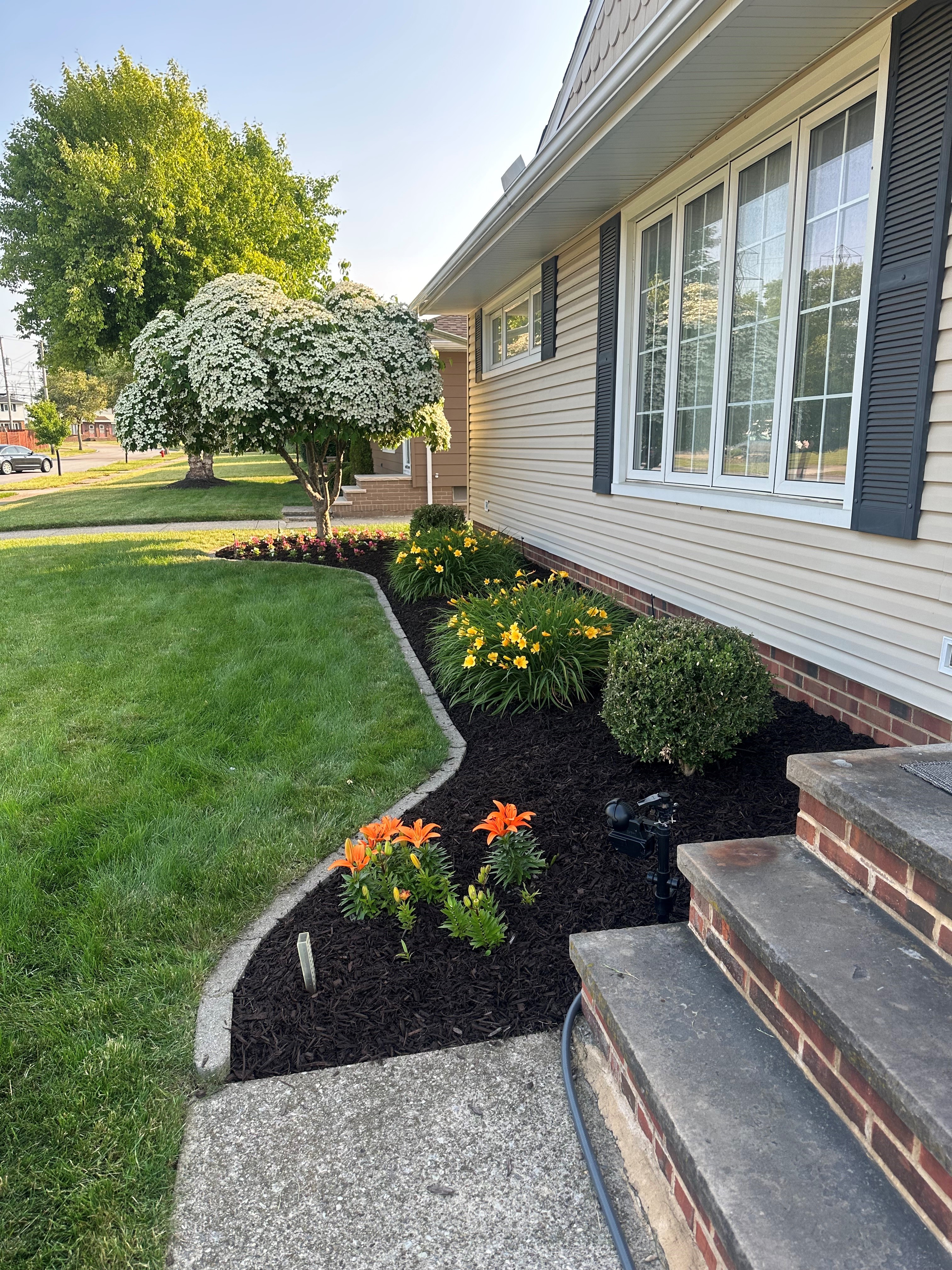 Fresh mulch and edging along front bed